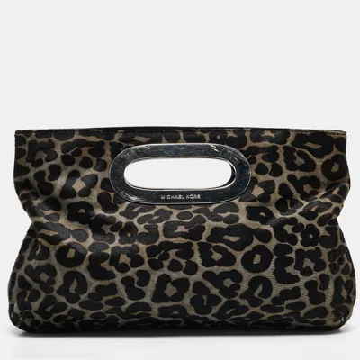 Pre-owned Michael Michael Kors Black/grey Leopard Print Calf Hair Berkley Clutch