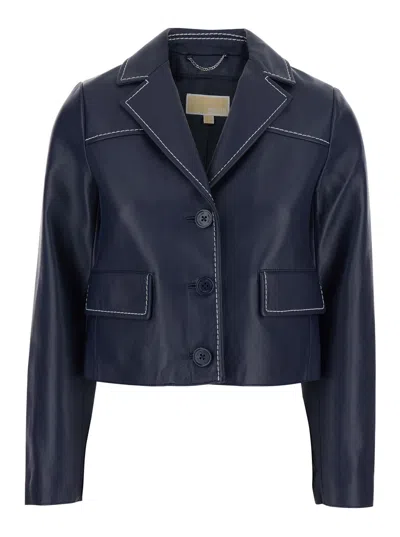 Michael Michael Kors Blue Jacket With Notched Revers And Contrasting Stitching In Leather Woman