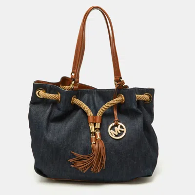 Michael Michael Kors Blue/brown Denim And Leather Marina Drawstring Bucket Bag