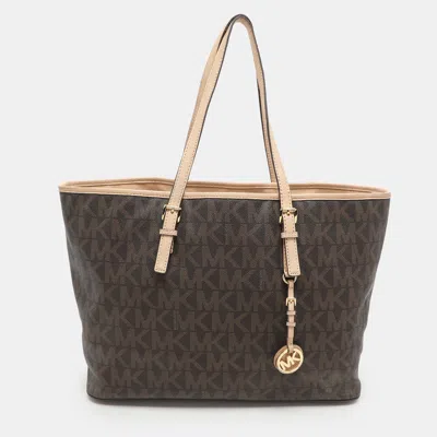 Pre-owned Michael Michael Kors Brown Coated Canvas And Leather Jet Set Travel Tote