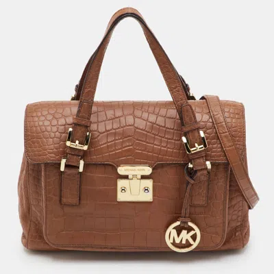 Pre-owned Michael Michael Kors Brown Croc Embossed Leather Flap Satchel