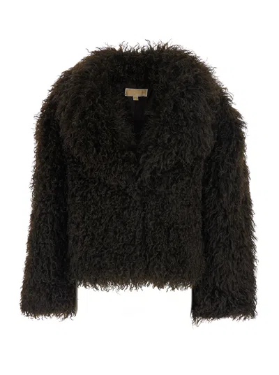Michael Michael Kors Brown Faux Fur Crop Peacoat Jacket With Notched Collar
