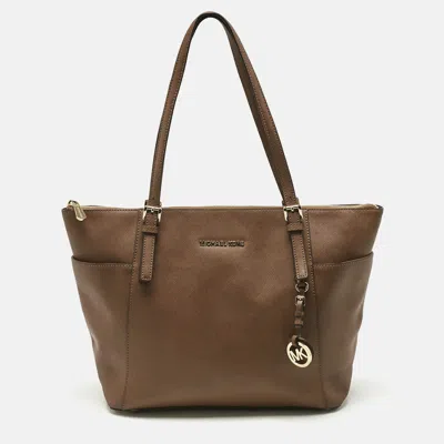 Pre-owned Michael Michael Kors Brown Leather Jet Set Top Zip Tote