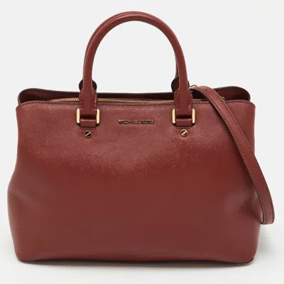 Pre-owned Michael Michael Kors Brown Saffiano Leather Medium Savannah Satchel