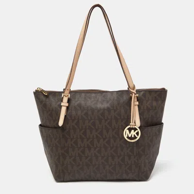 Pre-owned Michael Michael Kors Brown Signature Coated Canvas And Leather East West Zip Tote