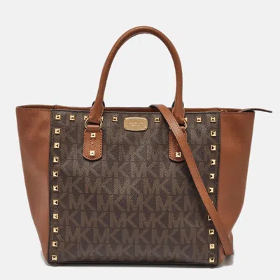Pre-owned Michael Michael Kors Brown Signature Coated Canvas And Leather Studded Sandrine Tote