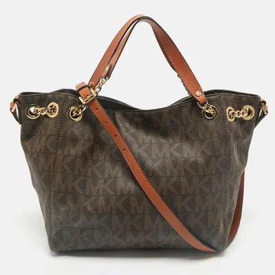 Pre-owned Michael Michael Kors Brown Signature Coated Canvas Jet Set Chain Tote
