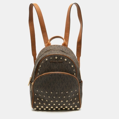 Pre-owned Michael Michael Kors Brown Signature Coated Canvas Studded Abbey Backpack