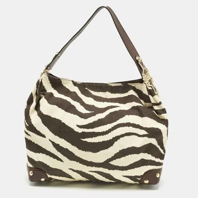 Pre-owned Michael Michael Kors Brown/cream Zebra Print Canvas And Leather Hobo