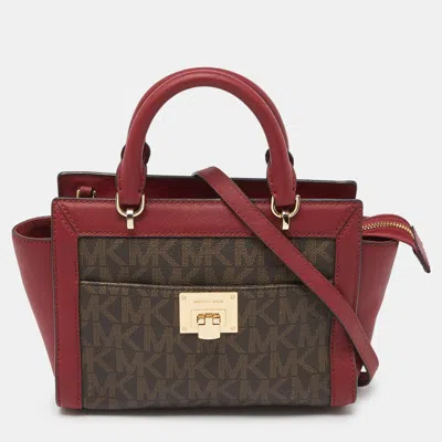 Pre-owned Michael Michael Kors Brown/red Signature Coated Canvas And Leather Tina Tote