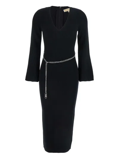 MICHAEL MICHAEL KORS CHAIN-BELT RIBBED MIDI DRESS