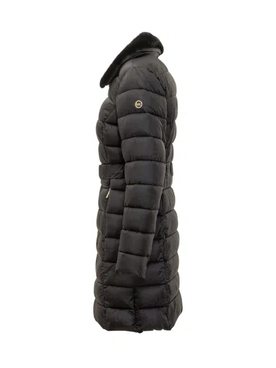 Michael Michael Kors Chic Long Down Jacket With Belt And Fur Collar In Black