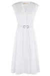 Michael Michael Kors White Sleeveless Long Dress With V Neck And Adjustable Belt In Cotton Stretch Woman In White