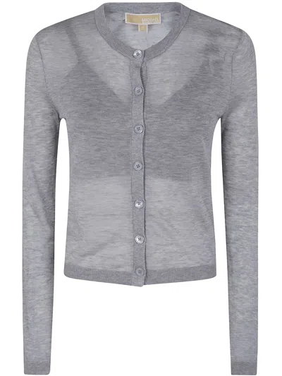 Michael Michael Kors Cotton Silk Crew Neck Cardigan In Gray