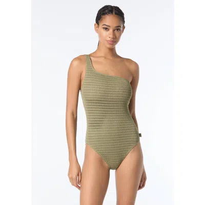 Michael Michael Kors Crochet One Shoulder One Piece Swimsuit In Green