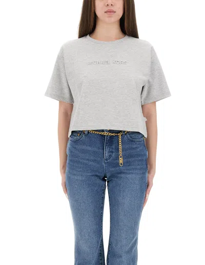 Michael Michael Kors Cropped T-shirt With Embossed Logo In Gray