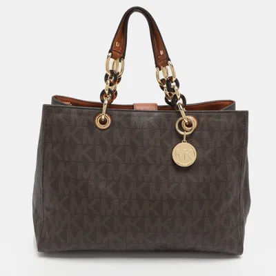 Pre-owned Michael Michael Kors Cynthia Large Dark Brown Signature Coated Canvas Tote
