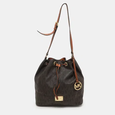 Pre-owned Michael Michael Kors Dark Brown Signature Coated Canvas And Leather Frankie Drawstring Bucket Bag