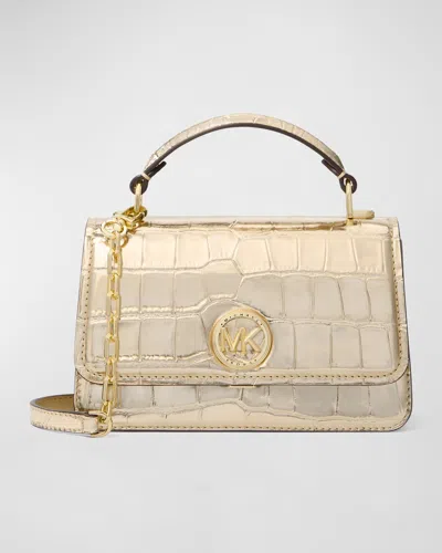 Michael Michael Kors Delancey Croc-embossed Metallic Leather Crossbody Bag In Pale Gold