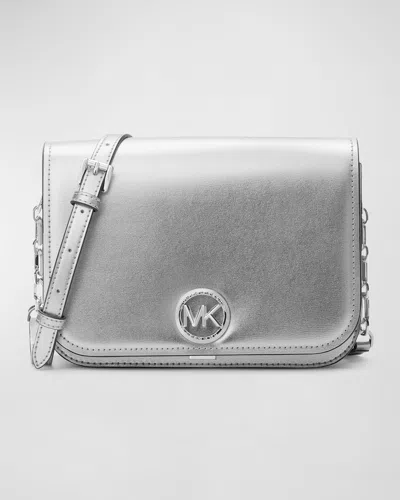 Michael Michael Kors Delancey Flap Metallic Leather Crossbody Bag In Silver
