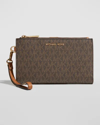 Michael Michael Kors Double-zip Monogram Bifold Wristlet In Brown