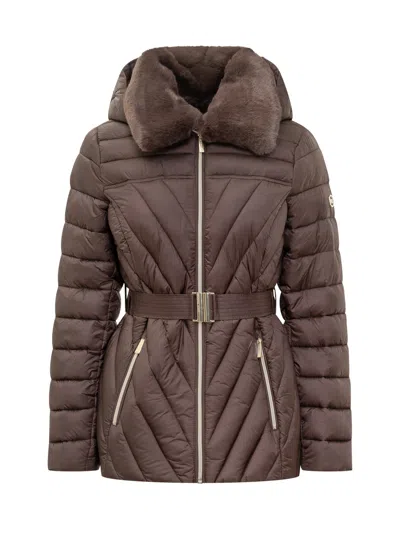 Michael Michael Kors Down Jacket With Belt And Fur Collar In Brown