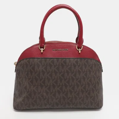Pre-owned Michael Michael Kors Emmy Red/brown Signature Coated Canvas And Leather Dome Satchel