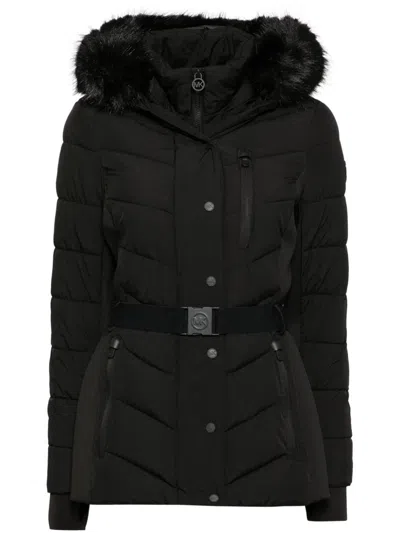 Michael Michael Kors Faux Fur Trim Scuba Coat In Black