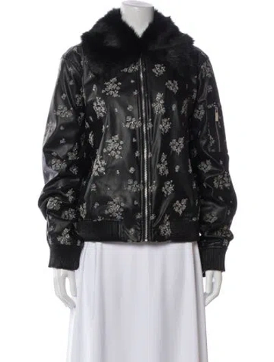 Pre-owned Michael Michael Kors Faux Leather Printed Bomber Jacket In Black