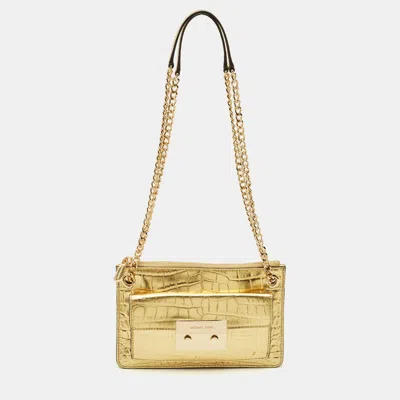 Pre-owned Michael Michael Kors Flat Sloan Gold Croc Embossed Leather Shoulder Bag