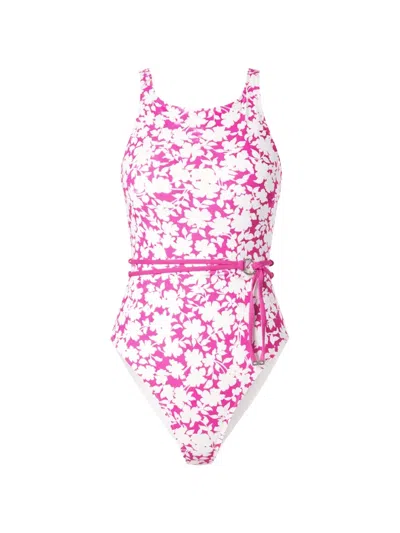 Michael Michael Kors Floral-print Belted Swimsuit In Pink