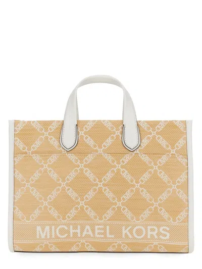 Michael Michael Kors Gigi Large Empire Logo Jacquard Straw Tote Bag In Yellow