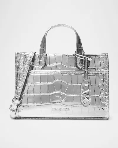 Michael Michael Kors Gigi Metallic Croc-embossed Leather Crossbody Bag In Silver