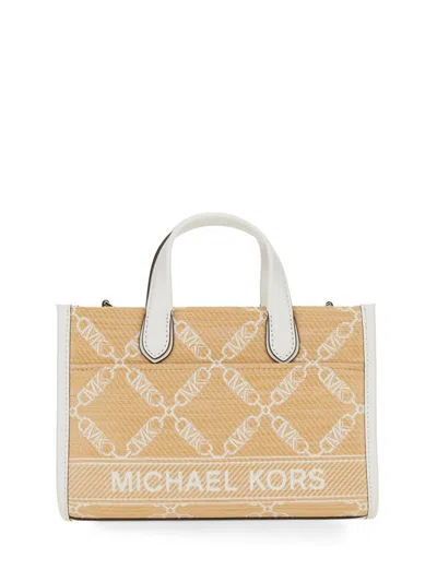 Michael Michael Kors Gigi Small Empire Logo Jacquard Straw Tote Bag In Brown