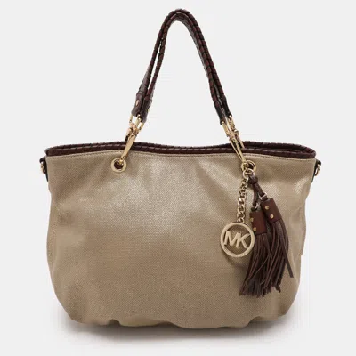 Pre-owned Michael Michael Kors Gold Canvas And Leather Shoulder Bag