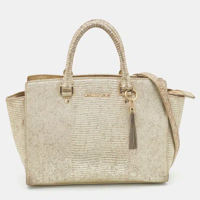 Pre-owned Michael Michael Kors Gold Snakeskin Embossed Leather Large Selma Satchel