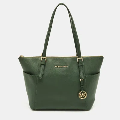 Pre-owned Michael Michael Kors Green Leather Jet Set Top Zip Tote