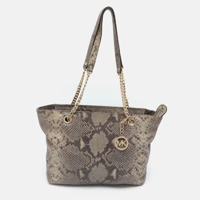 Pre-owned Michael Michael Kors Grey/black Python Embossed Leather Tote In Gray