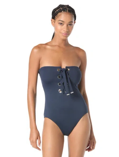 Michael Michael Kors Grommet Solids Bandeau Lace Up One-piece Swimsuit In Blue