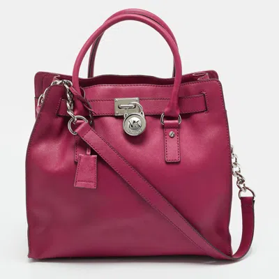 Pre-owned Michael Michael Kors Hamilton Large Magenta Leather North South Tote In Pink