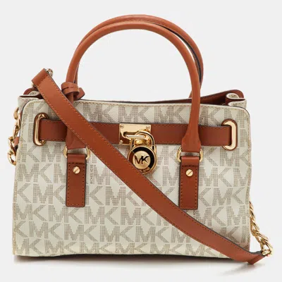 Pre-owned Michael Michael Kors Hamilton White/brown Signature Coated Canvas And Leather Tote