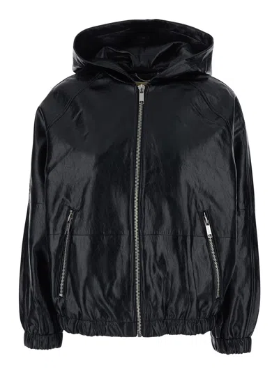 Michael Michael Kors Hooded Zip-up Ecoleather Jacket With Elasticized Cuffs In Black
