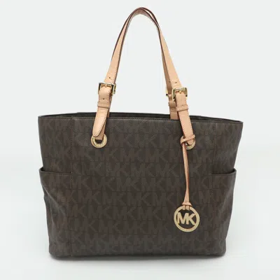 Pre-owned Michael Michael Kors Jet Set Brown/beige Signature Coated Canvas Shopper Tote