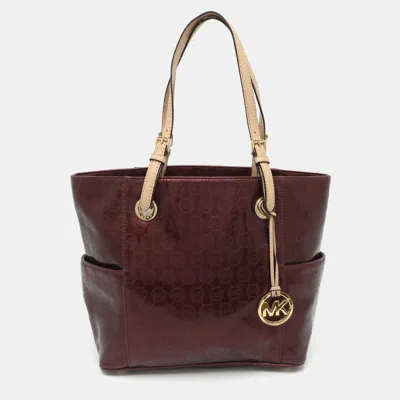 Pre-owned Michael Michael Kors Jet Set Burgundy Signature Patent Leather East West Tote