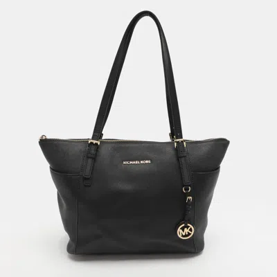 Pre-owned Michael Michael Kors Jet Set Large Navy Blue Leather Zip Tote In Black