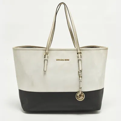 Pre-owned Michael Michael Kors Jet Set Large White/black Leather Shopper Tote