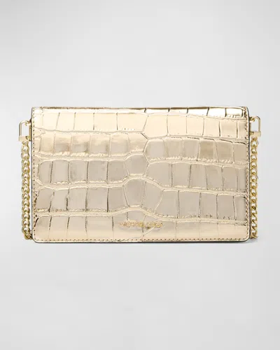 Michael Michael Kors Jet Set Metallic Croc-embossed Crossbody Bag In Pale Gold