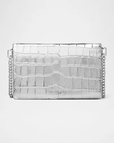 Michael Michael Kors Jet Set Metallic Croc-embossed Leather Crossbody Bag In Silver
