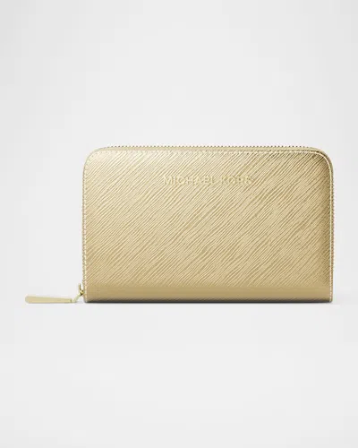 Michael Michael Kors Jet Set Small Metallic Faux Leather Wallet In Gold