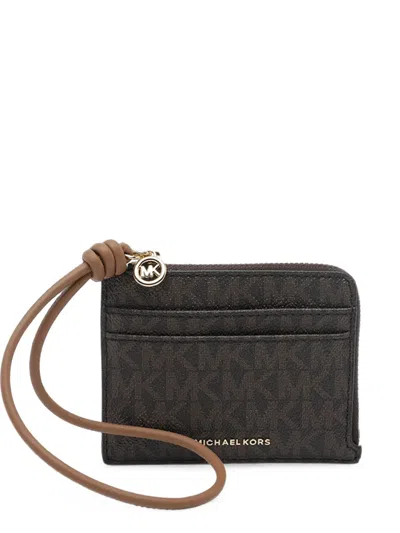 Michael Michael Kors Jet Set Small Signature Logo Card Case Wristlet In Brown